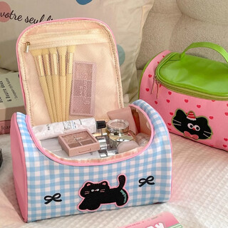 Xinnan cute cartoon portable cosmetic bag for women high-end portable large capacity cosmetics storage bag washing bag portable multi-layer pink and blue cat cosmetic bag