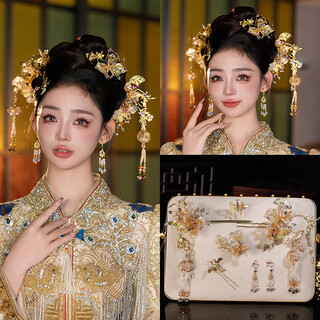 Senyong xiuhe headdress 2024 new chinese style bride xiuhe dress cheongsam dragon and phoenix gown golden step rocker hairpin wedding hair accessories model same style headdress + ear clip