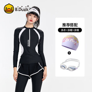 B.duck split swimsuit women's long-sleeved trousers suit sun protection fake two-piece surfing and diving equipment swimming goggles and swimming cap four-piece set