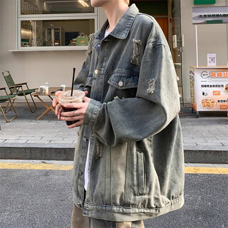 Yiran zhengpin jacket men's autumn and winter casual retro ripped high street trendy brand handsome loose versatile warm denim jacket for men blue regular xl recommended 115-140jin jin equals 0.5 kg
