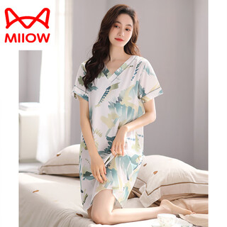 
Cat Man (MiiOW) nightgown for women's summer ice silk short-sleeved pajamas dress for women's summer thin imitation silk summer large size dress 9928 Mint Blue 2XL