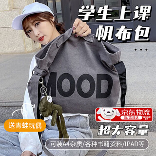 Wenzhi college student class canvas bag large capacity shoulder crossbody outdoor commuting bag ins middle and high school tutoring bag tote brown + one frog doll size 40*37*7cm