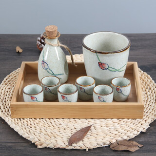 Retro old-fashioned ceramic sake pot, wine cup, wine warmer set, household wine divider, white wine cup, spirit cup with tray, pinlian 6 two pots with 6 cups + wine warmer + tray. collect