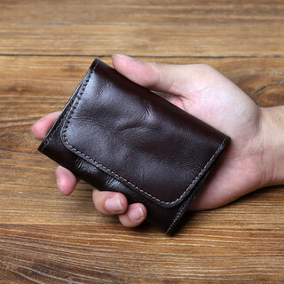 Jlfgpj retro hand-rubbed genuine leather coin purse men's first-layer vegetable tanned cowhide driver's license card holder women's car key bag dark brown 2 card slots