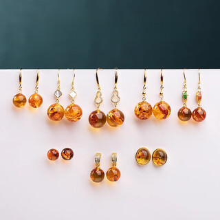 Amber earrings, raw mineral amber, round beads, earrings, ear hooks, classic style, s925 silver gold-plated inlaid, the internal patterns of amber are ever-changing, the following pictures