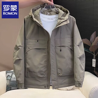 Romon jacket men's 2025 spring and autumn new men's hooded loose jacket fashionable popular windproof work clothes khaki green xl 135-155jin jin is equal to 0.5 kg