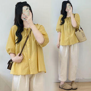 Laisenxiong maternity summer clothes are sweet and cute, age-reducing loose puff-sleeved shirts, small people can wear large-size maternity two-piece suits, 1017# yellow tops, single piece, xl 120-140jin jin is equal to 0.5 kg