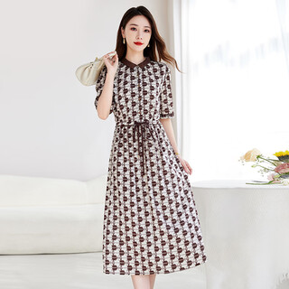 Ink beauty elegant and elegant silk stretch double qiao retro short-sleeved mid-length skirt printed mulberry silk dress 9058 chocolate m (90-115jin jin is equal to 0.5kg)