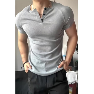 Hxhk american henry shirt short-sleeved men's tights round neck fitness casual quick-drying solid color stretch slim bottoming shirt t-shirt light gray xl