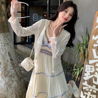 Huayuzhi dress summer 2025 new style suit women's two-piece skirt white suspender skirt new chinese style long skirt holiday style knitted splicing dress + cardigan two-piece set one size recommended 80-130 jin jin is equal to 0.5 kg