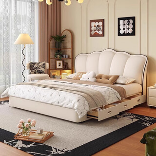 Befan french petal leather bed master bedroom high-end atmosphere modern simple 1 meter 8 double bed storage cream style wedding bed bed + skin-friendly independent bag roll package spring mattress 1.8x2 meter frame bed 15cm steel wood lattice frame