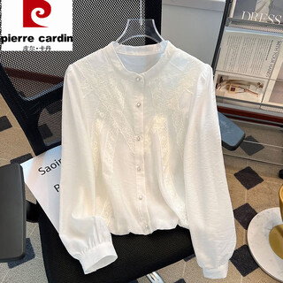 Pierre cardin super nice white long-sleeved shirt for women spring 2025 new super hot french puff sleeve top beautiful little shirt white l 105-115jin jin is equal to 0.5 kg