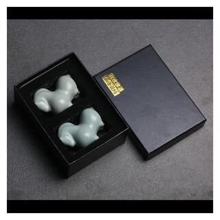 Antis official quality ru kiln little tang horse tea pet azure split tea play small ornament paperweight pen holder ceramic tea set ru kiln - little tang horse pair + gift box