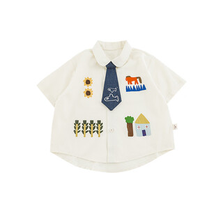 Young boys' new summer round-neck shirt, cool short-sleeved t-shirt, loose jeans, pastoral suit, trendy shirt, off-white n6126 110 cm