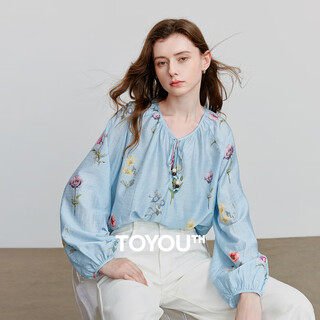 Chuyu small fresh linen printed shirt women's 2025 spring new loose shirt top blue bottom green velvet xl
