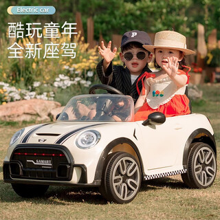 Samat children's electric car, four-wheeled baby car, can be driven, can be seated, can be controlled by a remote control car, children's toy car, one-year-old gift, off-white remote control + swing + bluetooth music