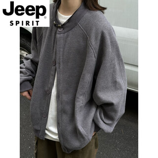 Jeep spirit japanese retro henry collar waffle jacket for men and women in spring and autumn loose casual versatile cardigan sweatshirt for men gray m