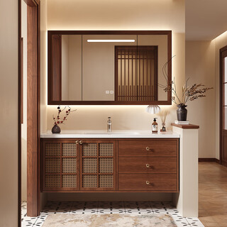 Sibai 2025 new style antique rattan bathroom cabinet combination ceramic integrated basin bathroom washbasin washbasin oak solid color smart mirror cabinet 1.2 meters