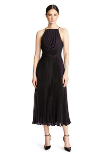 Halston women's mid-length cocktail dress pleated sleeveless flared skirt party formal black/fuchsia 12