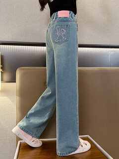 Girls' pants for spring and autumn outer wear 2025 new medium and large children's casual straight wide-leg girls winter children's jeans blue ready-made 120 one size fits all