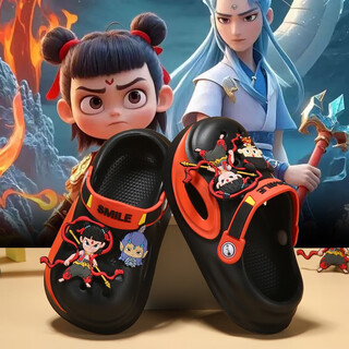 哪吒拖鞋儿童洞洞鞋男童夏季新款卡通防滑室内宝宝外穿包头鞋 黑橘-哪咤 18 26 0MM(26-27码)适合脚长.5C