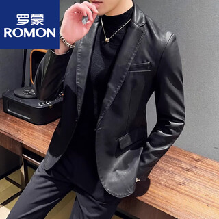 Romon 2025 new leather suit men's leather jacket business casual small suit korean version slim solid color leather suit 611 black lapel jacket xl