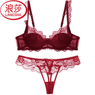 Langsha big breast slimming sexy underwear set spring and summer large size pure desire thin bra french lace women's bra panties red set (with thong) 70a 32/70a