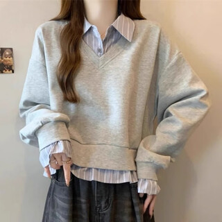 Xcfreht american fake two-piece short sweatshirt for women 2025 autumn large size fat mm loose college style slim polo collar top light gray good quality no pilling m (recommended 91-105 jin jin equals 0.5 kg)