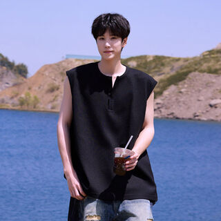 Du xiaoxian's textured sleeveless vest men's summer thin youth sports fitness vest henry collar t-shirt black l recommended 100-120jin jin equals 0.5 kg