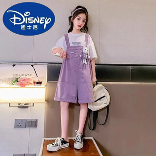 Disney (disney) girls summer overalls suit 2025 new children's summer western style medium and large children's loose thin two-piece trendy purple 140 (m)