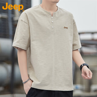 Jeep (jeep) short-sleeved t-shirt men's summer loose breathable cool trendy cotton henley collar clothes men's khaki xl