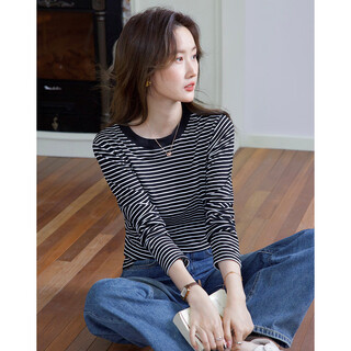 Demana relax and unwind spring high-intelligence round-neck striped bottoming shirt gentle and skin-hiding long-sleeved women's t-shirt