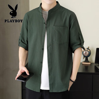 Playboy (playboy) henry collar cotton and linen long-sleeved shirts for men spring and autumn men's summer casual shirts short-sleeved shirts 2025 new style cs8k02 mid-sleeve green m 90-110jin jin is equal to 0.5 kg
