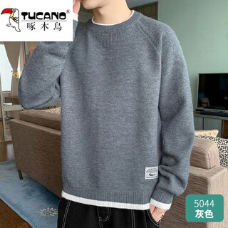 Woodpecker (tucano) fake two-piece sweater sweater for men in autumn and winter plus velvet thickened knitted solid color round neck bottoming sweater sweater for men regular 5044 gray xl (about 120~145jin jin equals 0.5kg can be worn)