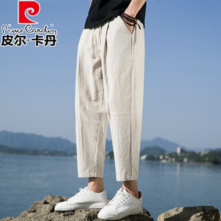 Pierre cardin linen nine-point pants men's autumn thick cotton and linen pants men's casual pants straight loose sports pants nine-point pants trendy khaki 3xl 151-169jin jin is equal to 0.5 kg