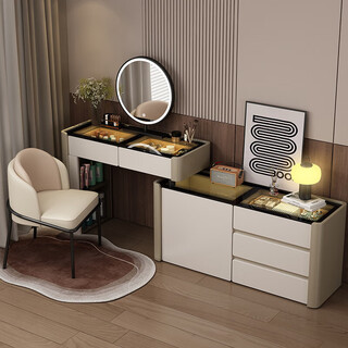 2025 new dressing table, bedroom style dressing table, solid wood bedside storage cabinet and drawer cabinet integrated dressing table, solid wood, milky white + glass surface ambient light, 80cm table + 3 drawer cabinets (no stool or mirror)