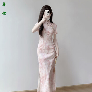 Bajin pattern printed cheongsam 2025 new daily improved new chinese summer pink dress slim girl young style pink printing without accessories m