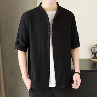 Henry collar cotton and linen long-sleeved shirts for men spring and autumn men's early autumn casual shirts short-sleeved inch shirts 2025 new style cs8k02 mid-sleeve black m 90-110jin jin is equal to 0.5 kg