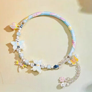 Hunter enamel butterfly bracelet bracelet 999 sterling silver bent tube half bracelet half chain 3d hard silver pure silver women's niche fashion blue color butterfly bent tube half bracelet half chain