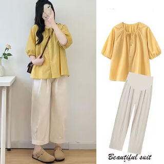 Yawulfe pregnant women's summer clothes are sweet and cute, age-reducing loose puff-sleeved shirts, small people's outer wear, large size pregnant women's two-piece suits, 1017# yellow top + apricot pants, suit xl 120-140jin jin equals 0.5 kg