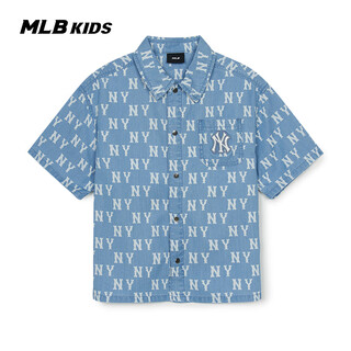 Mlb children's official boys and girls trendy luxurious and fashionable lapel full print presbyopic denim shirt spring and summer style blue 140 cm