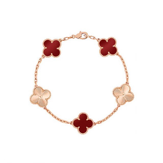 Lzjv plated 18k rose gold four-leaf clover, clover, five-flower bracelet for women, white mother-of-pearl, carnelian, rose gold, laser between red agates