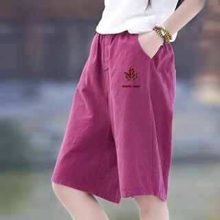 Puhp cotton and linen shorts women's summer 2025 new korean style linen loose casual high-waisted straight leg five-quarter wide-leg pants burgundy xl recommended 110-125jin jin equals 0.5 kg