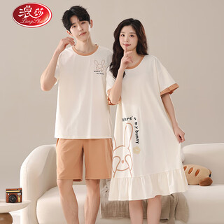 Langsha couple pajamas for women summer pure cotton short-sleeved cute cartoon sweet nightgown 100% cotton men's home wear set 88832 xl women + 3xl men