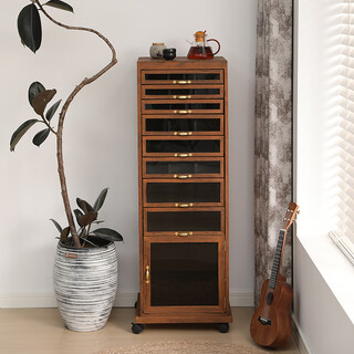 Huichuangyao solid wood dental cabinet tea storage rack living room tea set cabinet floor-standing bracelet toy storage cabinet jewelry storage cabinet charcoal roasted coffee gold handle large thickened model 40*35*12 single door