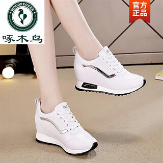Woodpecker inner height increasing women's shoes korean style white shoes 2026 autumn new versatile wedge lace casual thick sole sports 7979-1 white leather 35