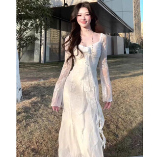 Zhenxiqi seaside vacation white lace long-sleeved dress spring and summer design niche waist slim sexy pure desire long dress white l white lining apricot-l recommended 105-115 jin jin equals 0.5 kg