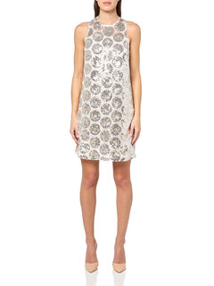 Trina turk women's sequin floral slim dress cocktail party fit high neck no pockets silver small