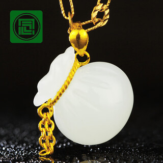 Excellent gold jade pendant 18k gold blessing bag jade women's hetian white jade necklace full money bag women