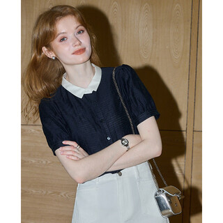 Kuhnmarvin lyocell urban modern short sleeve shirt women's 2025 summer new color block lapel shirt k36682 navy m